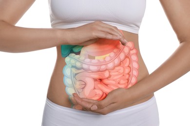 Image of Closeup view of woman with illustration of abdominal organs on her belly against white background