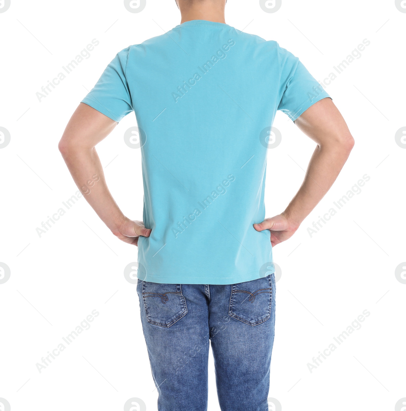 Photo of Young man on white background, closeup. Weight loss