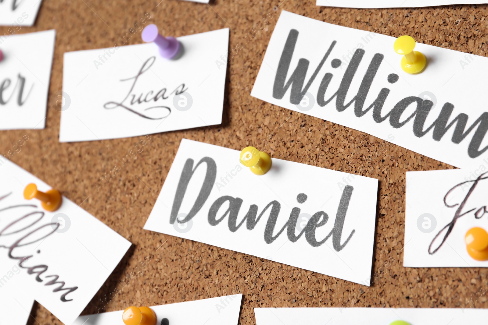 Photo of Paper pieces with baby names on cork board, closeup