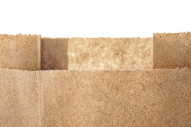 Brown paper bag on white background, closeup