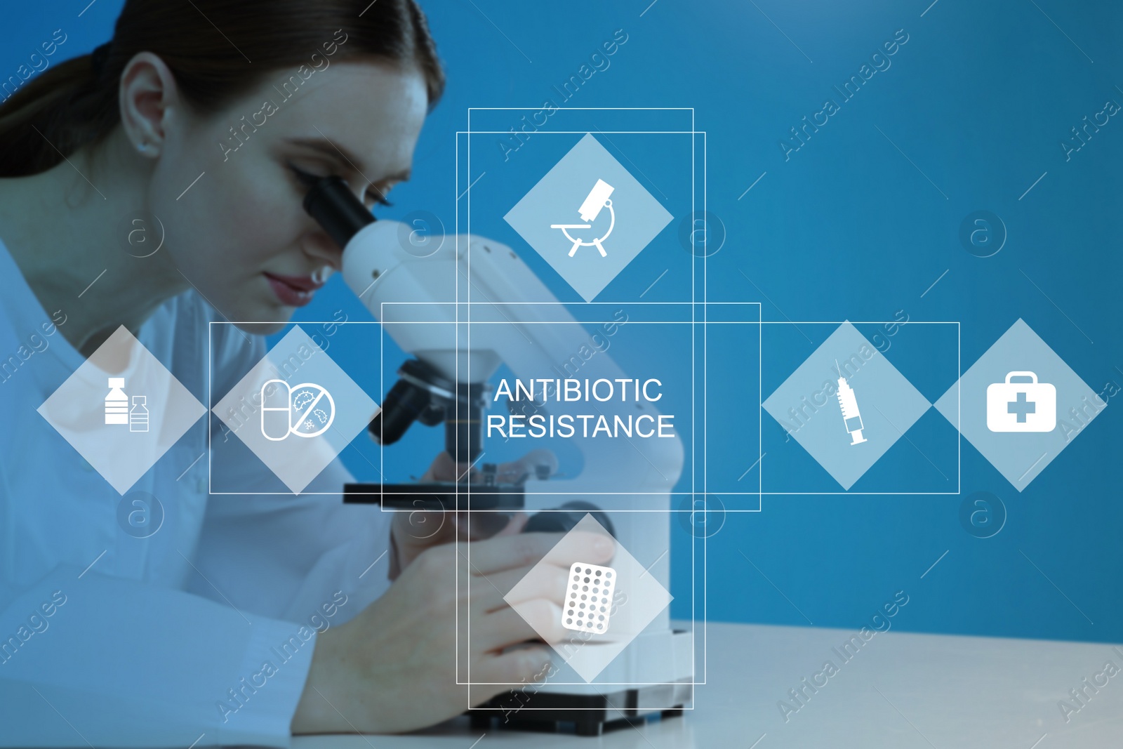 Image of Scientist using modern microscope at table in laboratory. Concept of antibiotic resistance