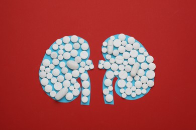 Paper cutout of kidneys with pills on red background, top view