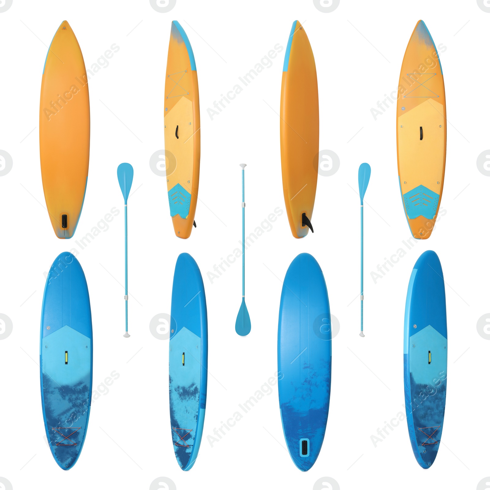 Image of Collage with SUP boards with paddle isolated on white, different sides