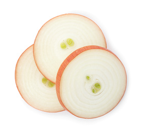 Slices of raw yellow onion isolated on white, top view