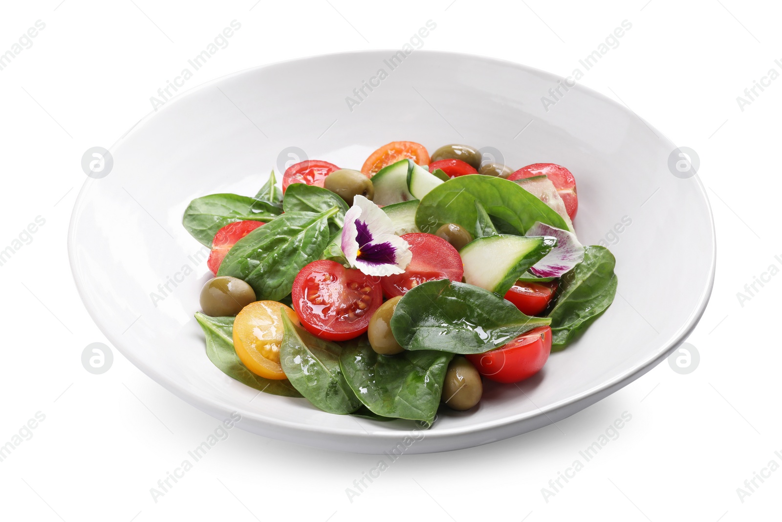 Photo of Bowl of delicious salad with vegetables and olives isolated on white