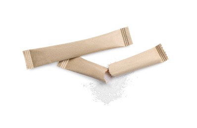 Beige sticks of sugar on white background, top view