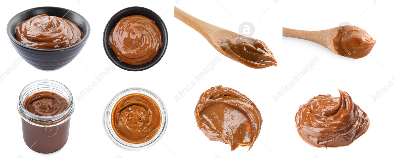 Image of Collage with boiled condensed milk on white background