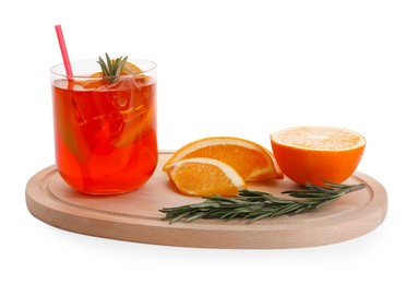 Photo of Aperol spritz cocktail in glass, orange slices and rosemary isolated on white