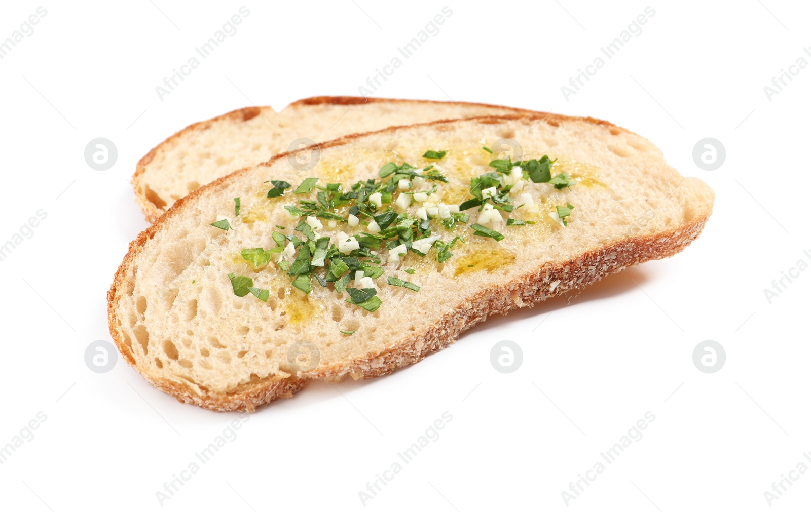 Photo of Tasty bruschettas with oil, garlic and herbs on white background