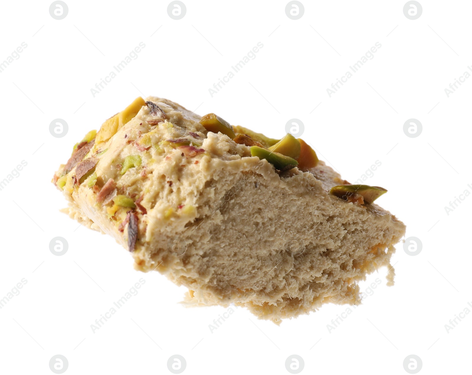 Photo of Piece of tasty pistachio halva isolated on white