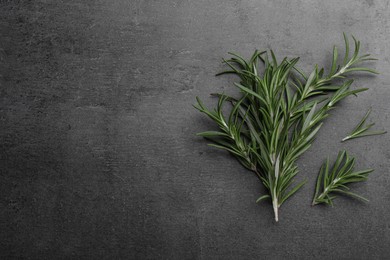 Photo of Sprigs of rosemary on black background, flat lay. Space for text