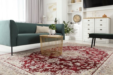 Photo of Stylish living room with beautiful carpet and furniture. Interior design