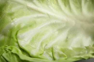 Photo of Fresh ripe cabbage leaf as background, closeup