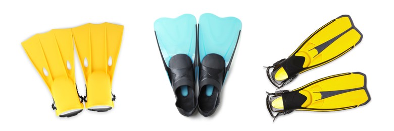 Image of Set with different flippers on white background, top view. Banner design