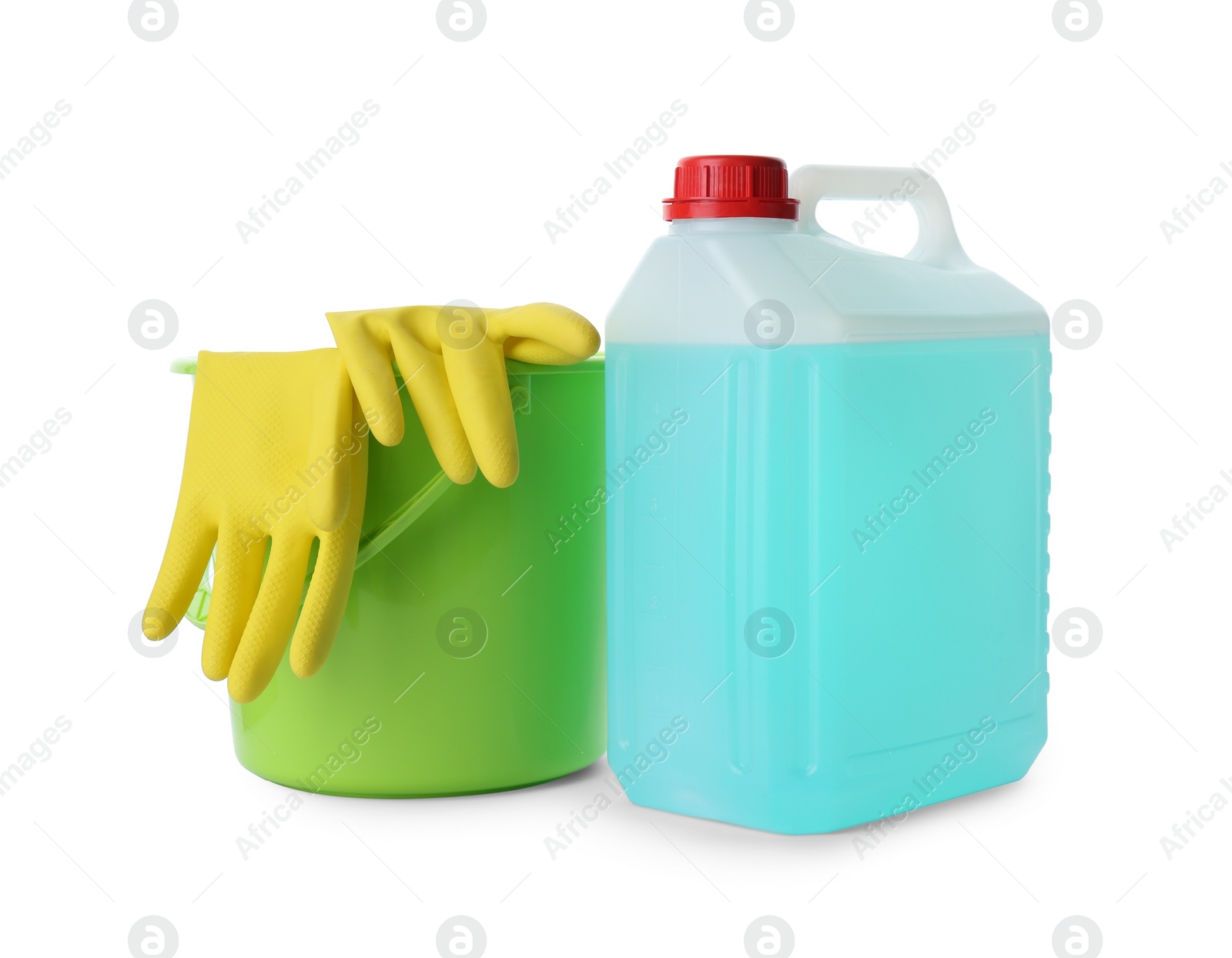 Photo of Set of different cleaning supplies on white background