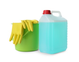 Set of different cleaning supplies on white background