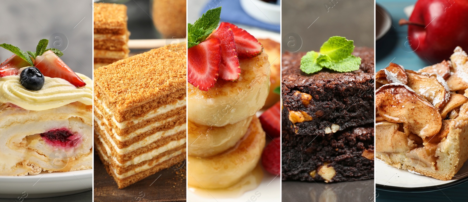 Image of Assortment of tasty desserts. Collage with different meals, closeup