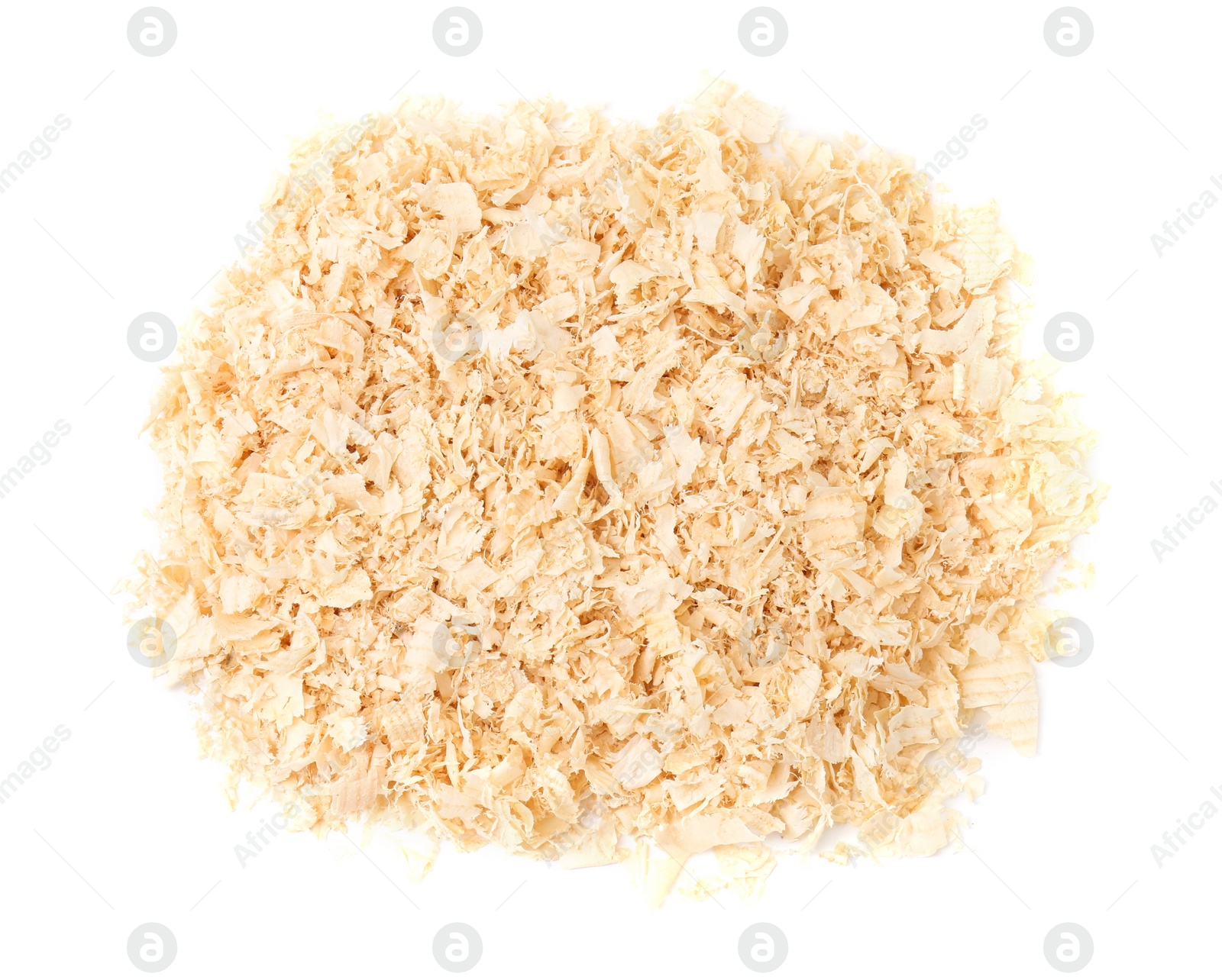 Photo of Pile of natural sawdust isolated on white, top view