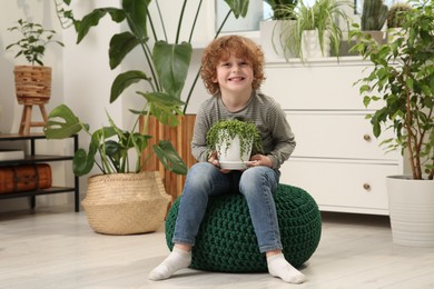 Photo of Cute little boy holding beautiful green plant at home. House decor