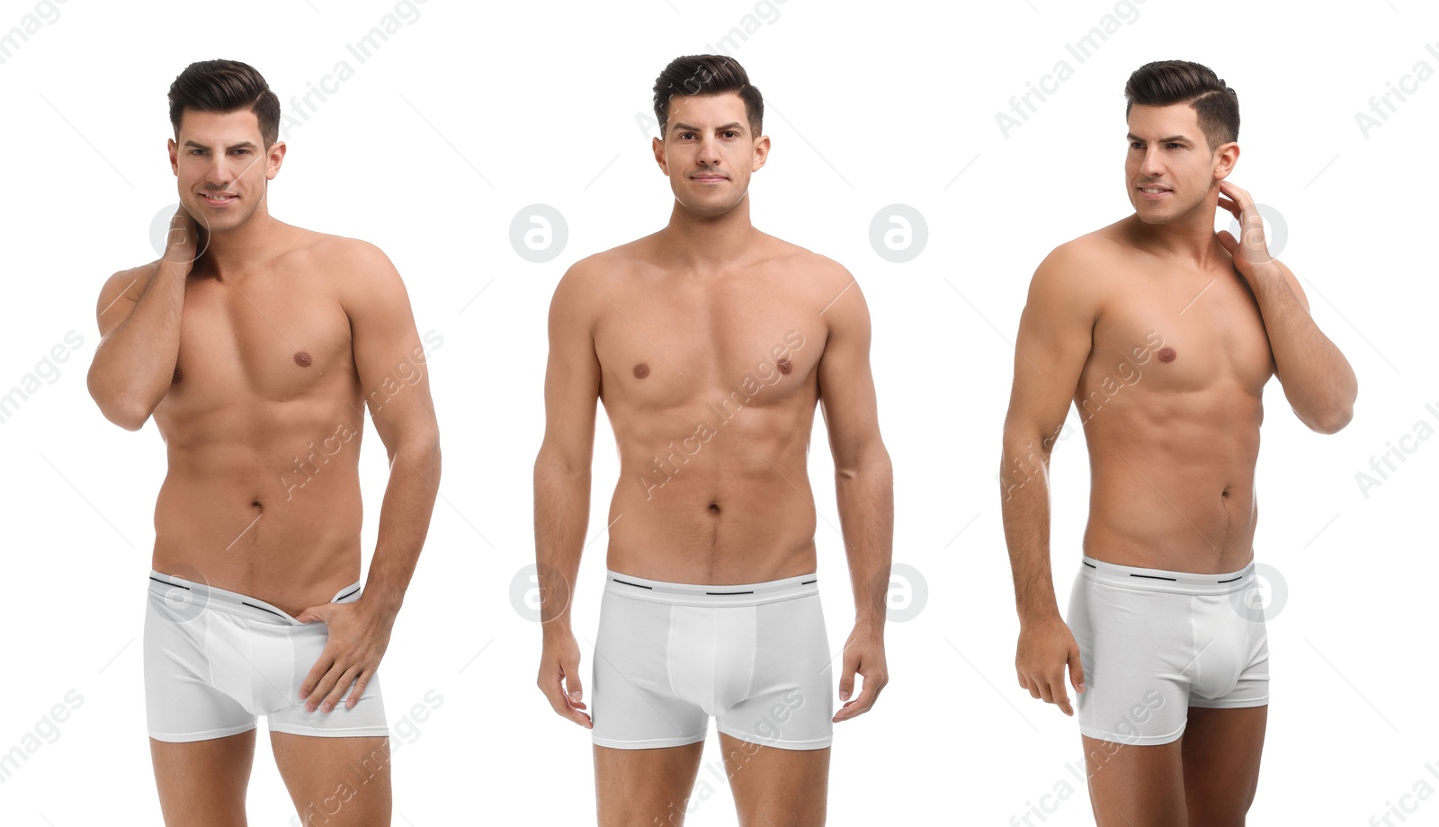 Image of Collage of man in underwear on white background