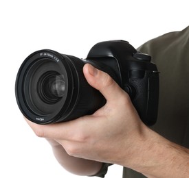 Photo of Photographer holding modern camera on white background, closeup