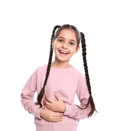 Photo of Portrait of little girl laughing on white background