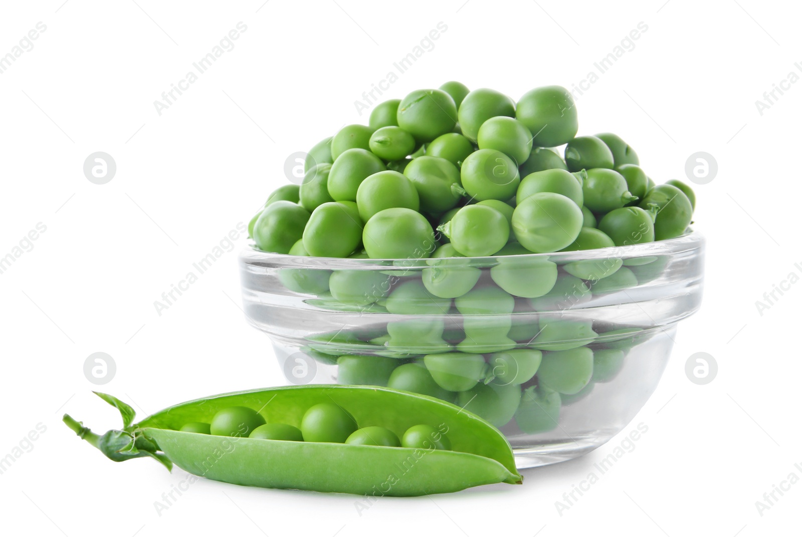 Photo of Bowl with green peas on white background