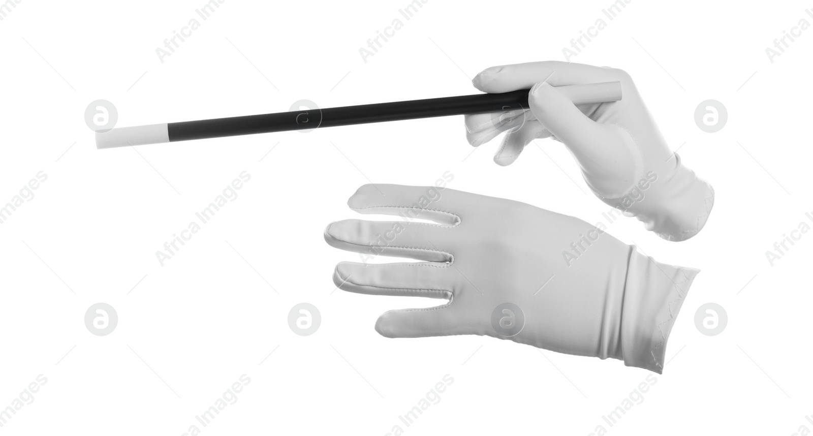 Photo of Magician with magic wand on white background, closeup