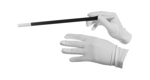 Photo of Magician with magic wand on white background, closeup