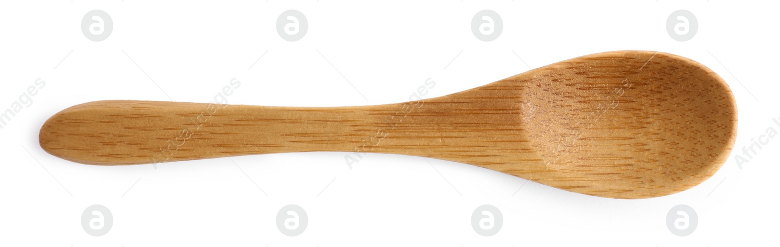 Photo of Wooden spoon on white background, top view