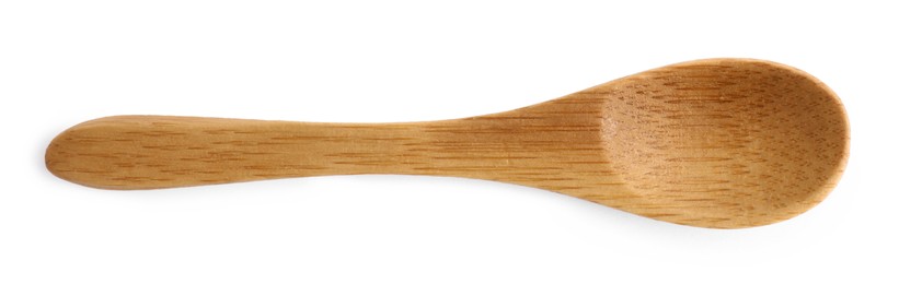 Photo of Wooden spoon on white background, top view