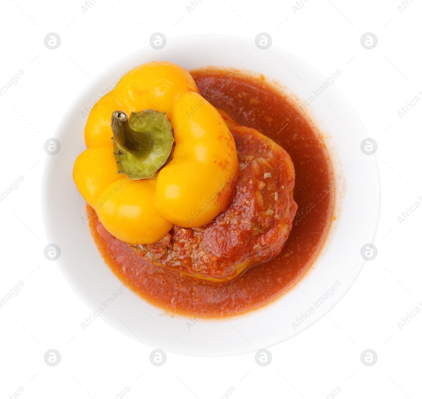 Photo of Delicious stuffed bell peppers isolated on white, top view