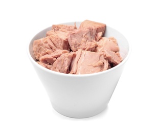 Photo of Bowl with pieces of canned tuna on white background