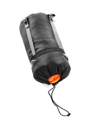 Photo of Rolled sleeping bag on white background. Camping equipment