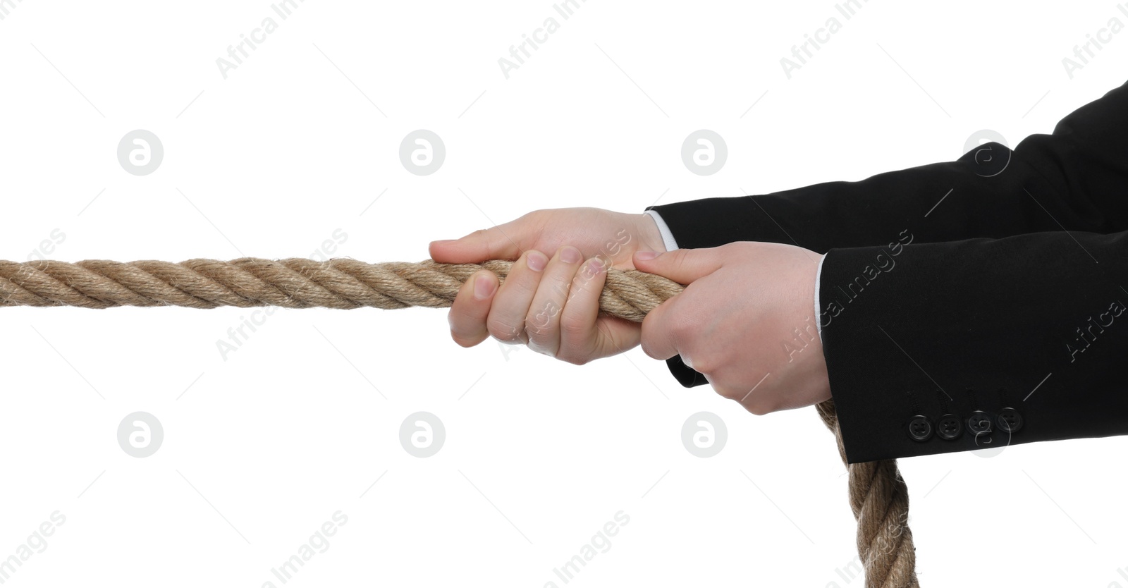 Photo of Dispute concept. Man pulling rope on white background, closeup