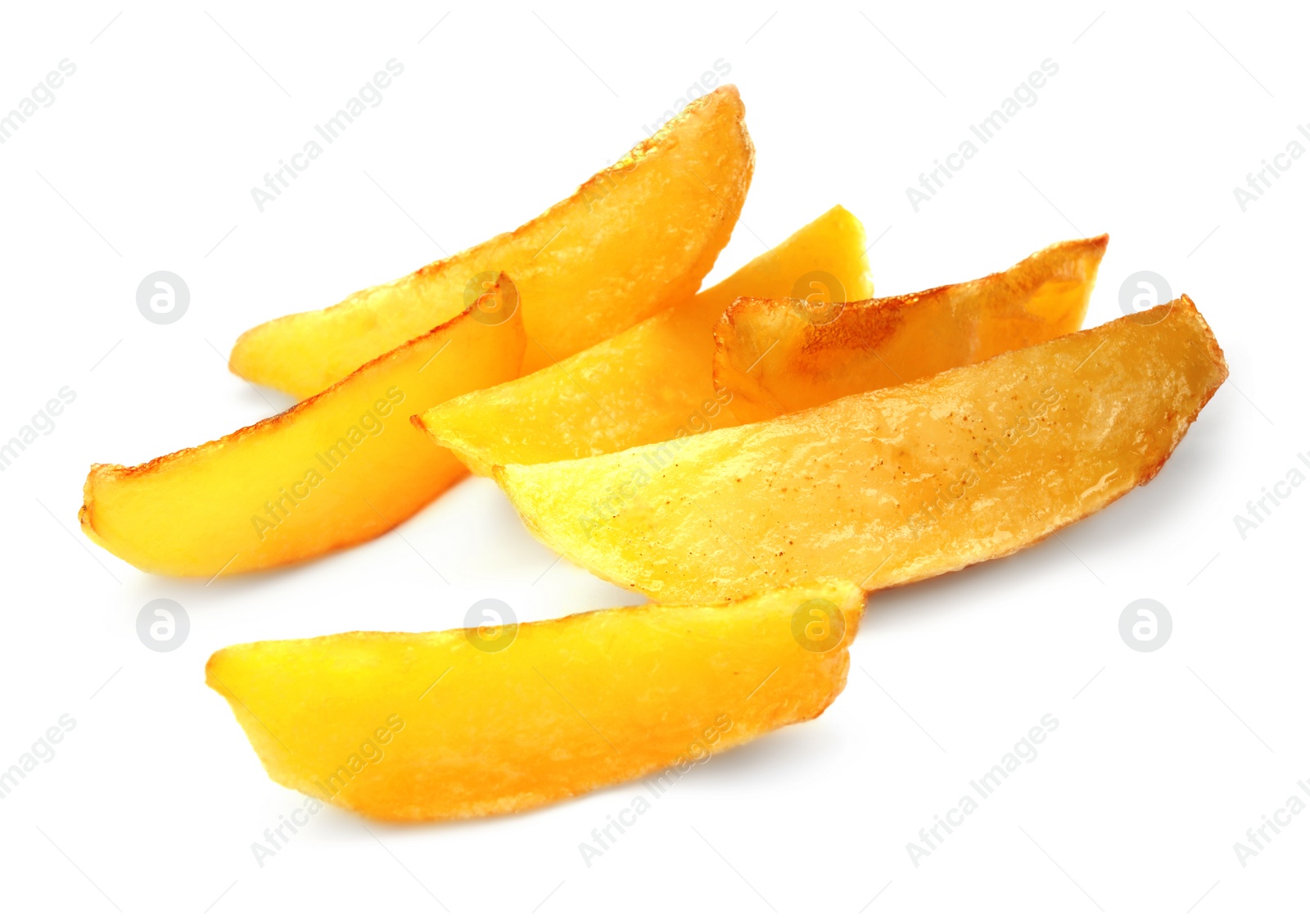 Photo of Tasty baked potato wedges on white background