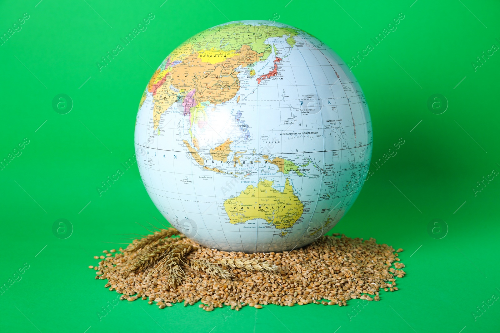 Photo of Globe with wheat grains on green background. Hunger crisis concept