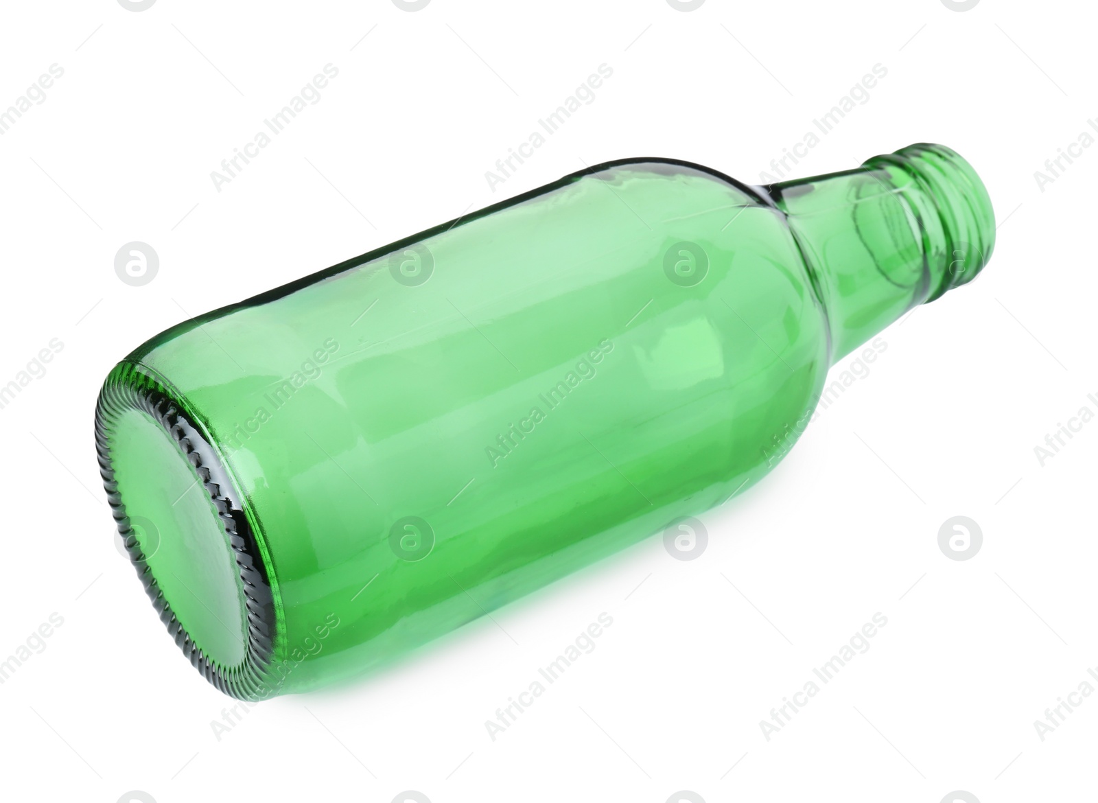 Photo of One empty green beer bottle isolated on white