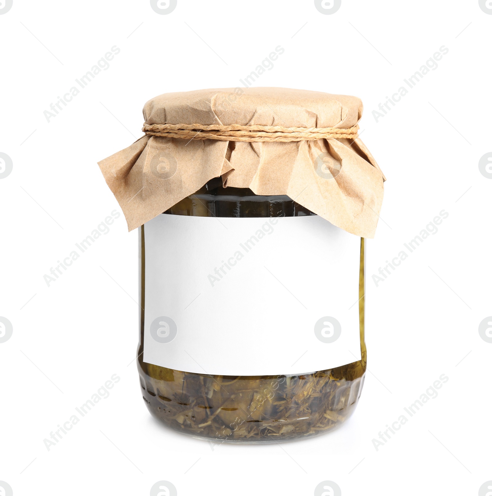 Photo of Jar of pickled cucumbers with blank sticker on white background, space for text