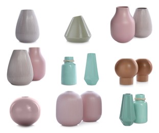 Set of different stylish ceramic vases on white background