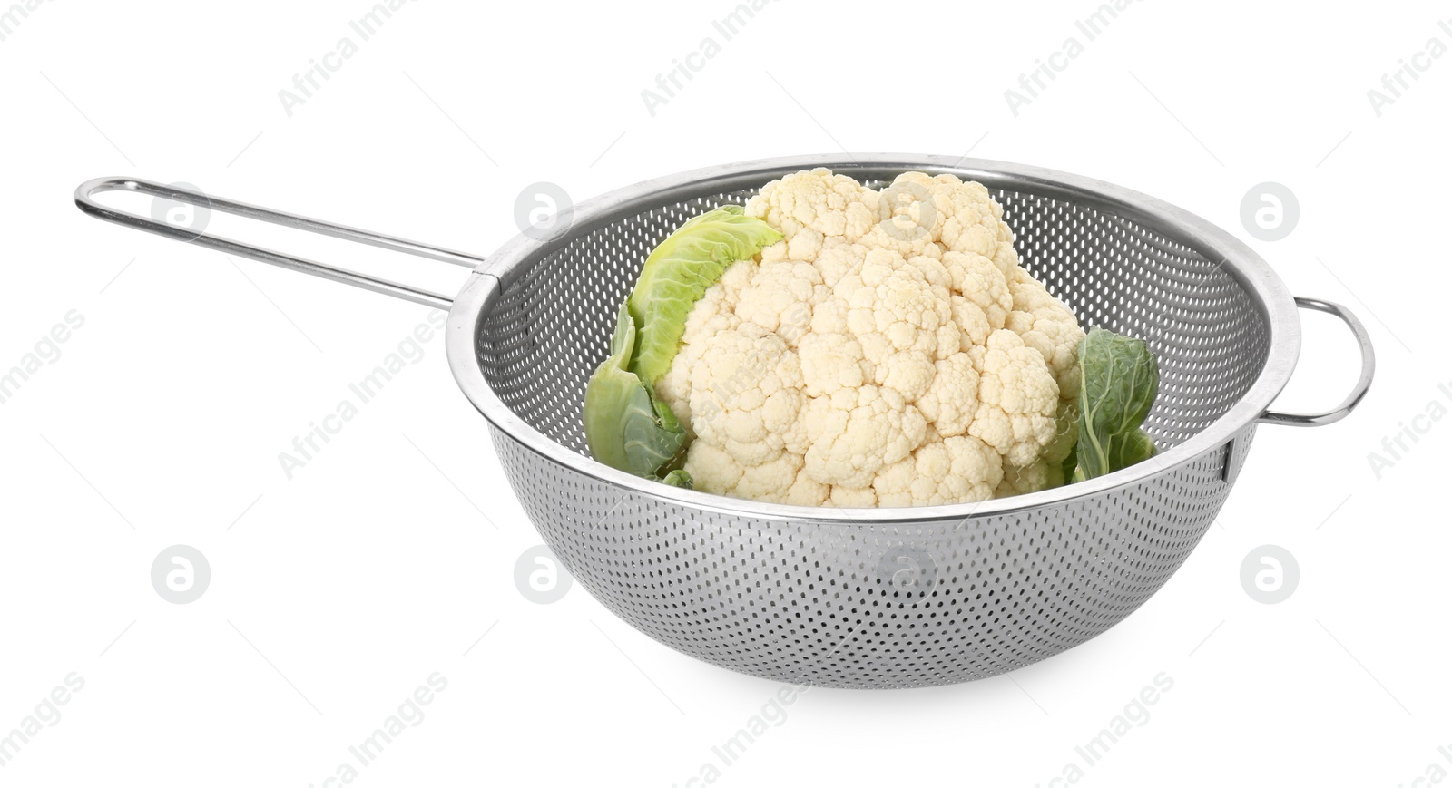 Photo of Metal colander with cauliflower isolated on white