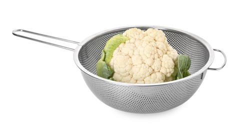 Photo of Metal colander with cauliflower isolated on white