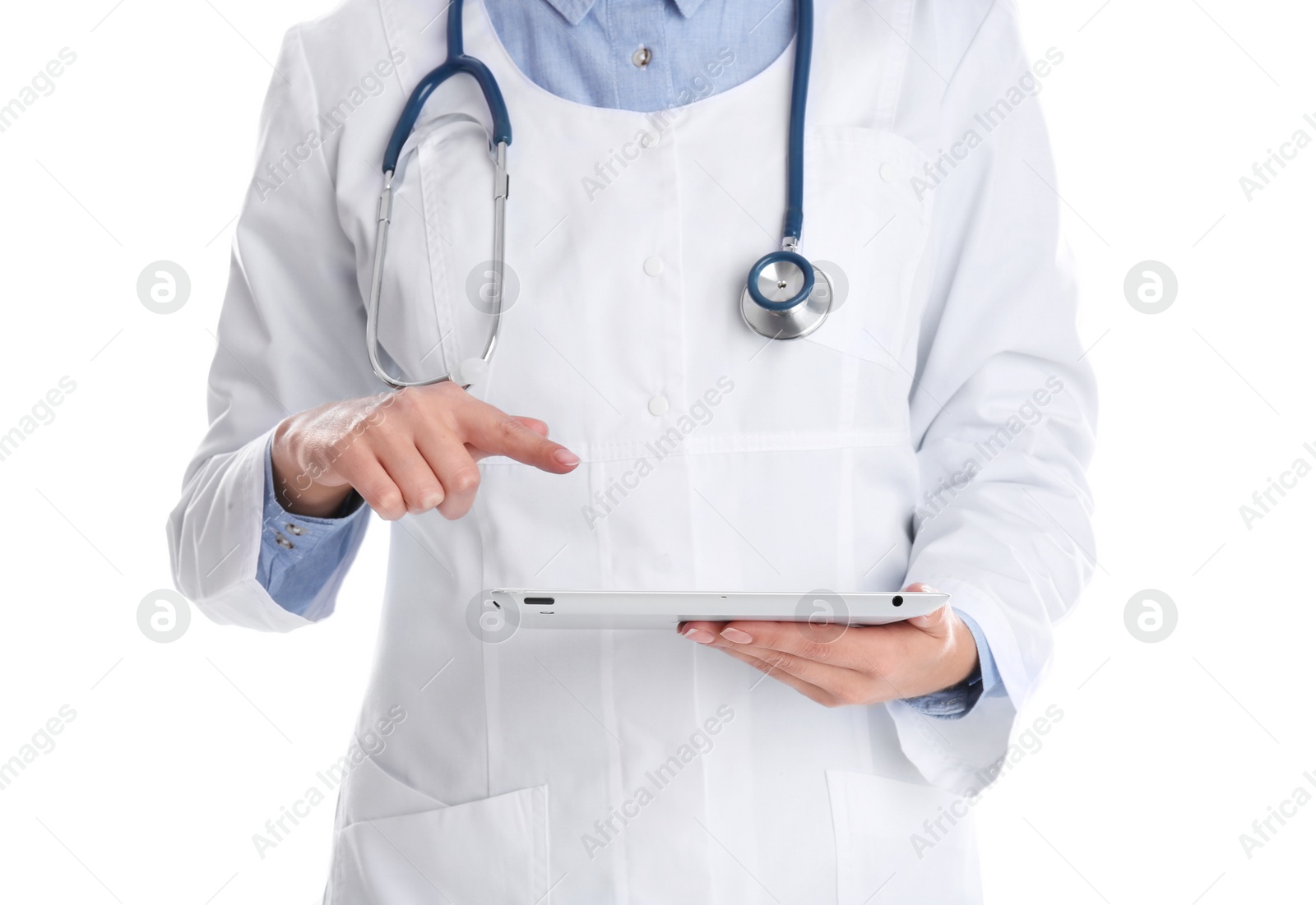 Photo of Female doctor holding modern tablet on white background, closeup