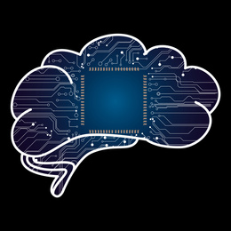 Illustration of Machine learning concept.  brain and circuit board pattern on black background