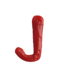 Photo of Letter J written with ketchup on white background