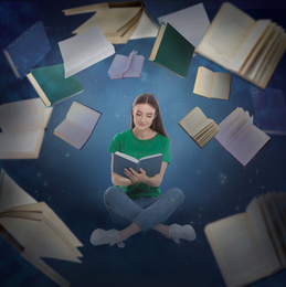 Young woman reading and flying books on color background