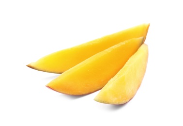 Photo of Slices of delicious ripe mango on white background