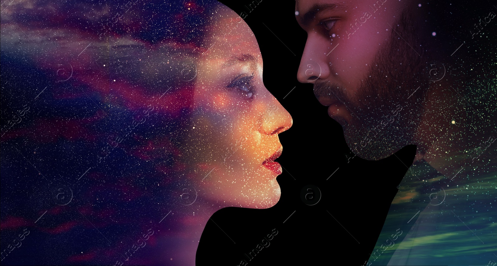 Image of Double exposure of beautiful couple and starry sky on black background. Astrology concept