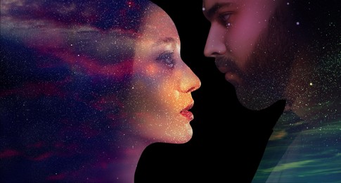 Image of Double exposure of beautiful couple and starry sky on black background. Astrology concept