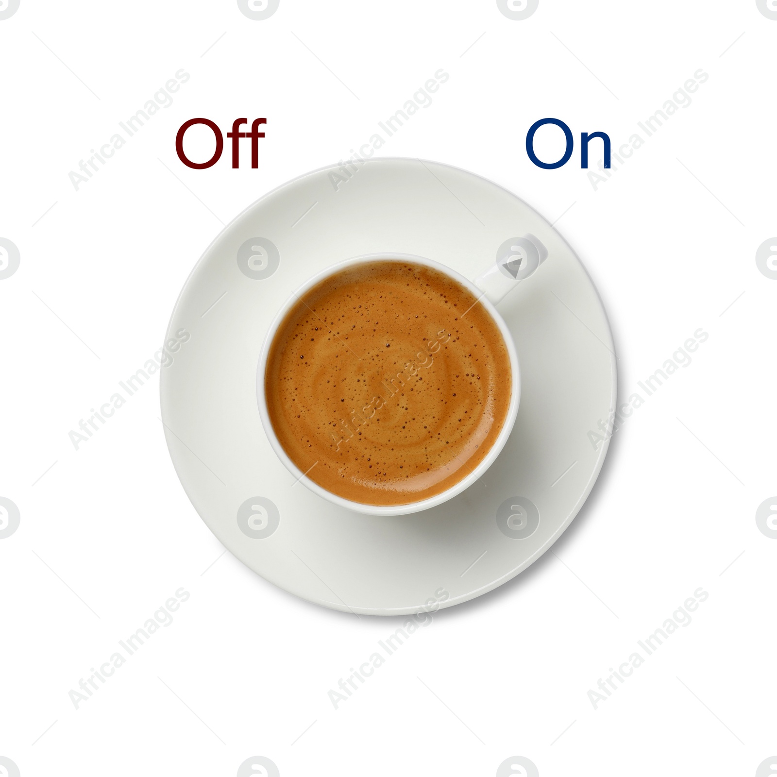 Image of Coffee break. Cup of aromatic hot drink on white background, top view